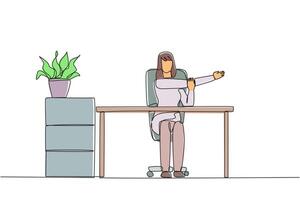 Single continuous line drawing woman sitting in work chair with arms crossed. Stretch to relax hand and finger muscles. Create multiple reports. Hectic. Overtime. One line design illustration vector