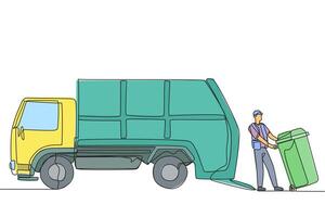 Single continuous line drawing trash man pulling wheeled trash can towards the garbage truck. Prevent environmental pollution by regularly making it to landfill. One line design illustration vector