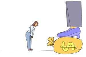 Single continuous line drawing businesswoman nodded in front of the giant foot stepping on the money bag. Trying to give in to the integrity of teamwork. Wisdom. One line design illustration vector