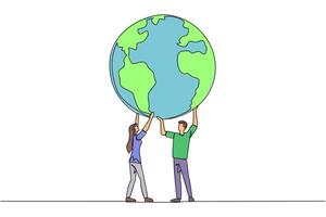 Single continuous line drawing a man and a woman hold up a globe together with both hands. Teamwork to make the earth more habitable. Reforestation. Earth day. One line design illustration vector