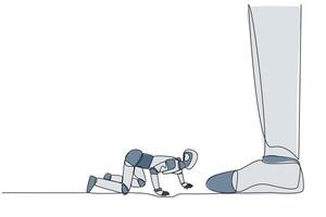 Single one line drawing the new robot kneels and licks giant foot. Testing artificial intelligence to become an obedient robot. Future technology concept. Continuous line design graphic illustration vector