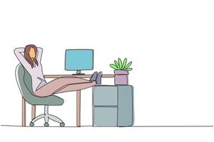Continuous one line drawing woman sits in work chair with hands behind head and her legs raised on work desk. Relax. Waiting for the report to be reviewed. Single line draw design illustration vector