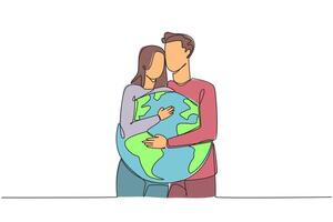 Continuous one line drawing man and woman hug each other. They both hug the globe. A couple helps protect the earth. Preserving it. World environment day. Single line draw design illustration vector