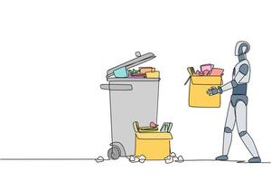 Single one line drawing robot carrying a cardboard box full of piles of paper to the trash. Robots care about cleanliness. Future artificial intelligence. Continuous line design graphic illustration vector