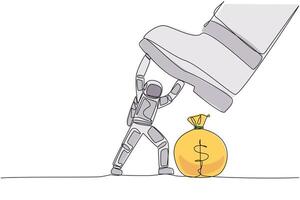 Continuous one line drawing young astronaut holds back giant foot that want to step on money bag. Get full disturbance from intruder. Cosmonaut deep space. Single line draw design illustration vector