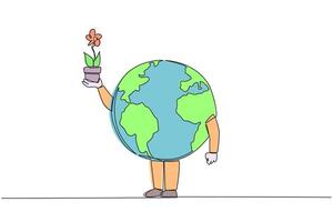 Continuous one line drawing the globe holds and lifts flowers planted in pots. Passionate about planting. Cleans inhaled air. Reduces damage to ozone layer. Single line draw design illustration vector