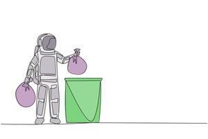 Continuous one line drawing astronaut puts trash bag in trash can. Environmental care. Throw garbage in its place. Cosmonaut. Cosmic galaxy deep space. Single line draw design illustration vector