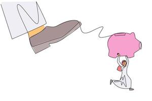 Continuous one line drawing Arabian businessman carrying piggy bank run away from giant foot. Trying to running fast saves capital from major disruption. Single line draw design illustration vector