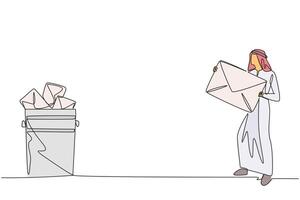 Single one line drawing Arab businessman throw the large envelope in the trash. Delete large number of incoming spam emails. Many emails are not important. Continuous line design graphic illustration vector