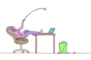 Single continuous line drawing Arabian businesswoman sitting in a chair throwing wads of paper into trash. Haven't gotten best idea for promotional materials yet. One line design illustration vector