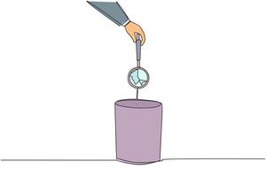 Single continuous line drawing businessman's hand throwing away broken magnifier. Doesn't have optics. Cannot be used for research. Cannot be used for searching. One line design illustration vector