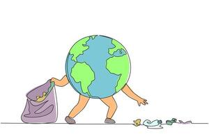 Single one line drawing globe picks up scattered rubbish. The best and simple example of protecting the earth. Throw garbage in its place. Saving planet. Continuous line design graphic illustration vector