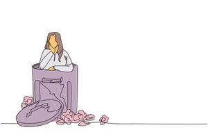 Single one line drawing a businesswoman is in the trash can. Poor mentality. Lost and wrong in everything. Business collapsed. Falling into debt everywhere. Continuous line design graphic illustration vector