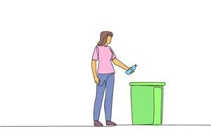Single one line drawing woman throw used plastic bottles into overflowing trash cans. Environmental care. Recyclable waste. Cleaning up the environment. Continuous line design graphic illustration vector