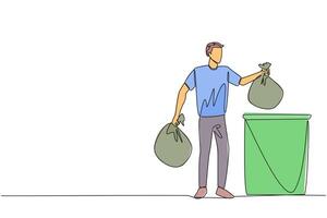 Single one line drawing man puts trash bag into trash can. Environmental care. Maintain cleanliness by throwing rubbish in the right place. Recycling. Continuous line design graphic illustration vector