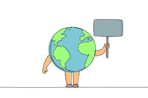 Single continuous line drawing globe holds a small board. Invitation from the earth. Protect the beauty of the earth. Maintain natural beauty. Eliminate pollution. One line design illustration vector
