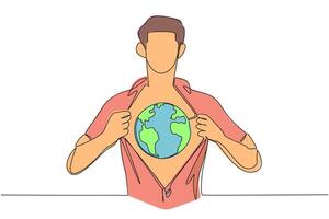 Single one line drawing a man unbuttons shirt revealing a globe on his chest. A sign of deep love for the earth. World environment day. Protect the earth. Continuous line design graphic illustration vector