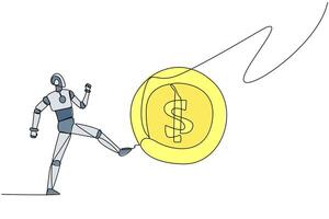 Single continuous line drawing robot kicking the big coin with a dollar symbol. Errors in providing artificial intelligence programs. Arbitrarily. Future tech. One line design illustration vector