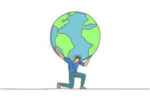 Single continuous line drawing a man kneels while cradling a globe. Alone it will be difficult to look after the earth. An invitation to preserve nature. Earth day. One line design illustration vector