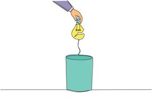 Single one line drawing businessman's hand throwing away a broken lightbulb. Unoriginal idea. Plagiarized ideas. Cannot make changes. Useless. Wrecked. Continuous line design graphic illustration vector