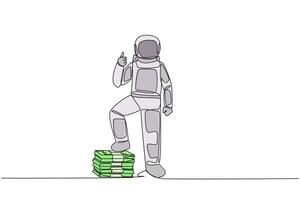 Continuous one line drawing astronaut stands with thumbs up pose and steps on stack of banknotes with one of foot. Get important expedition sponsors. Space. Single line draw design illustration vector