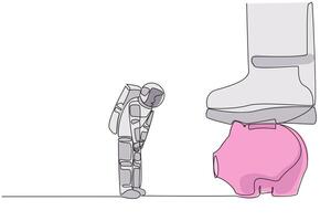 Single one line drawing astronaut nodded in front of giant foot that stepped on piggy bank. Request permission to invest in the next expedition. Galaxy. Continuous line design graphic illustration vector