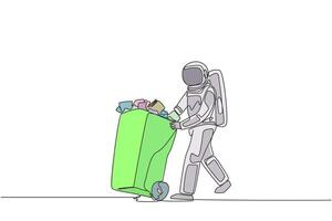 Single continuous line drawing astronaut pushing a trash can filled with wads of paper. Throw away training notes that are no longer used during space expeditions. One line design illustration vector