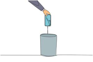 Single continuous line drawing businessman's hand throwing away a smartphone a cracked screen. Very disturbing to eyesight. Cannot provide an objective assessment. One line design illustration vector