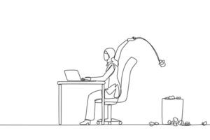 Continuous one line drawing Arabian businesswoman typing at a work desk throwing wads of paper into the trash. Must make reports carefully and clearly. Single line draw design illustration vector