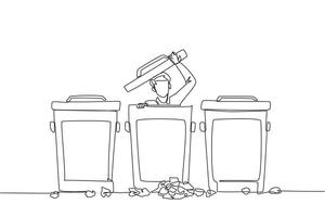 Continuous one line drawing businessman peeking out of trash can, there were lots of wads of paper. Frustration. Disguise so that whereabouts are not known. Single line draw design illustration vector