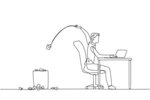 Single one line drawing businessman typing at a work desk throwing wads of paper into the trash. Does not have a clear idea of business progress. Stagnant. Continuous line design graphic illustration vector