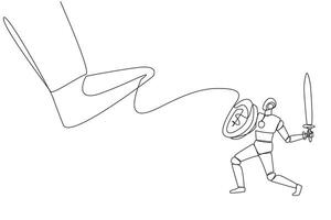 Single continuous line drawing smart robot tries to ward off the giant foot that wants to step on it. Designed to be ready to fight for company profits. Future. One line design illustration vector