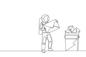 Continuous one line drawing astronaut throw large envelope in the trash. Avoid continuous incoming email attacks. Deleting. Space man cosmic galaxy concept. Single line draw design illustration vector