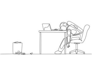 Single one line drawing astronaut sitting in a work chair looking tired. Want to write down the space expedition experiences on the laptop to make a book. Continuous line design graphic illustration vector