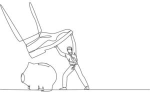 Single continuous line drawing businessman holds back giant foot wants to step on piggy bank. Protects against further damage. Want to take company asset savings. One line design illustration vector