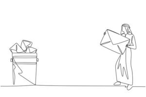 Single one line drawing Arab businessman throw the large envelope in the trash. Delete large number of incoming spam emails. Many emails are not important. Continuous line design graphic illustration vector