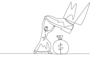 Single continuous line drawing Arab businessman holds back the giant foot wants to step on the money bag. Destroyer of business profits. Survive with all the might. One line design illustration vector