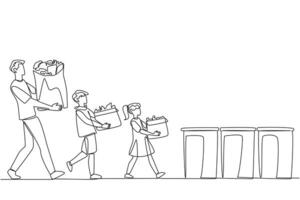 Single continuous line drawing man and his son and daughter brought rubbish bags and threw them in the rubbish bin. Teach from early age to keep environment clean. One line design illustration vector