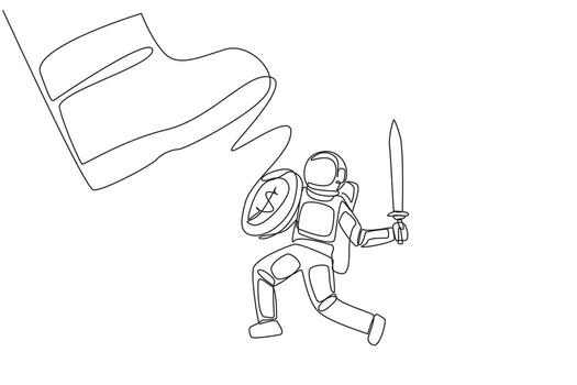 Single one line drawing astronaut tries to ward off the giant foot that wants to step on him. Anything is done to make the space expedition run smoothly. Continuous line design graphic illustration vector