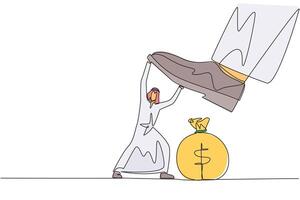 Single continuous line drawing Arab businessman holds back the giant foot wants to step on the money bag. Destroyer of business profits. Survive with all the might. One line design illustration vector