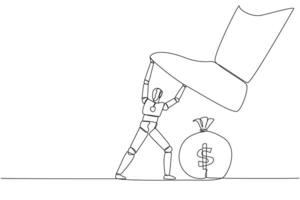 Continuous one line drawing the new robot holds back the giant foot that wants to step on the money bag. Test artificial intelligence to maintain profits. Single line draw design illustration vector