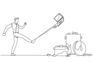 Continuous one line drawing businessman kicked laptop into the trash. Kicking the laptop until it breaks. Venting explosive anger. Business is losing money. Single line draw design illustration vector