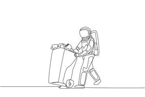 Single continuous line drawing astronaut pushing a trash can filled with wads of paper. Throw away training notes that are no longer used during space expeditions. One line design illustration vector