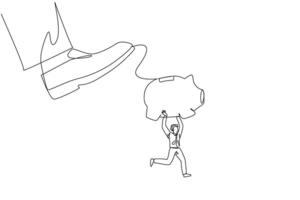 Continuous one line drawing businessman carrying piggy bank run away from giant foot. Saving asset. Save company's future. For a better life in retirement. Single line draw design illustration vector
