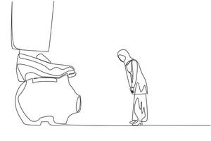 Continuous one line drawing Arab businesswoman nodded in front of giant foot that stepped on piggy bank. Request to release assets as additional capital. Single line draw design illustration vector