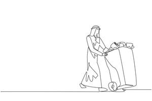 Continuous one line drawing Arabian businessman pushing a trash can filled with wads of paper. Nonworking document. Useless file at office. Deleting data. Single line draw design illustration vector