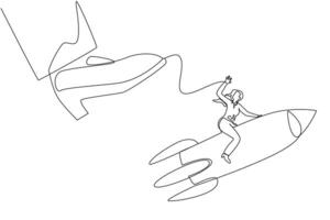 Continuous one line drawing businesswoman riding a rocket flies away from the giant foot. Redirection. Extra hard struggle to open a new business branch. Single line draw design illustration vector