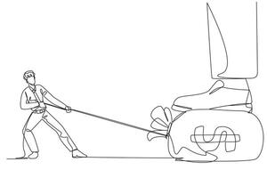Continuous one line drawing tries to take money bag stepped on by giant foot with the rope. Arbitrary attitude. Work for large investment. Seize profits. Single line draw design illustration vector