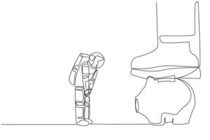 Single one line drawing astronaut nodded in front of giant foot that stepped on piggy bank. Request permission to invest in the next expedition. Galaxy. Continuous line design graphic illustration vector