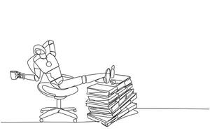 Continuous one line drawing robot sitting on a work chair holding mug. Foot resting on stacks of banknotes. The most successful and richest robot. Future. Single line draw design illustration vector